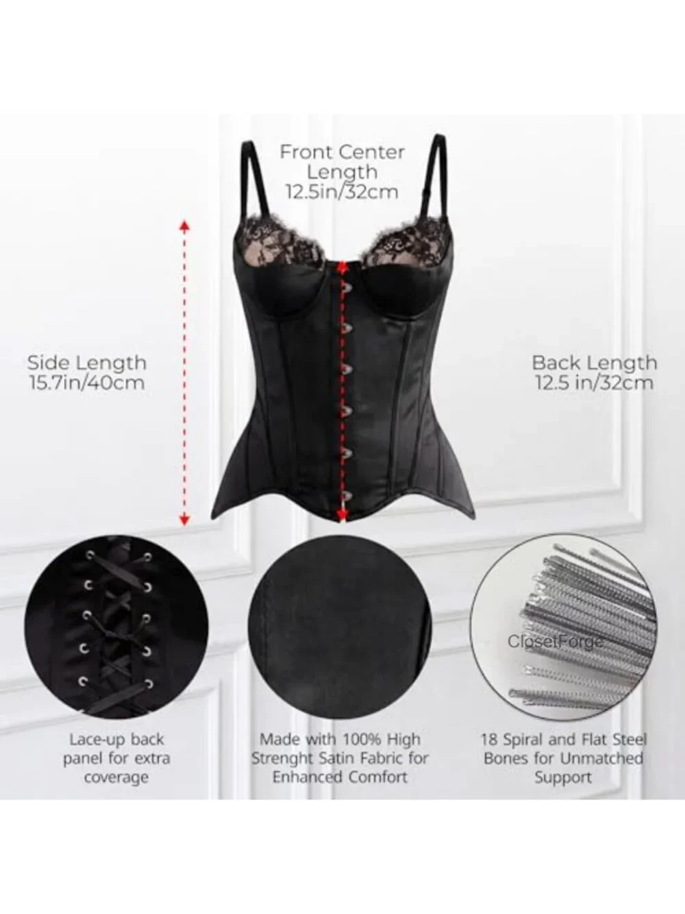 18-Boned Satin Corset Bustier with Lace Up Back